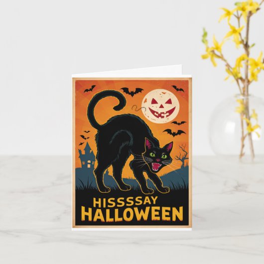 Enge zwarte kat Spooky kitten Hissay Halloween Kaart (Gele Bloem)