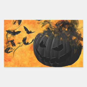 Enge Zwarte Pompoen en Vleermuizen Halloween Feest Rechthoekige Sticker