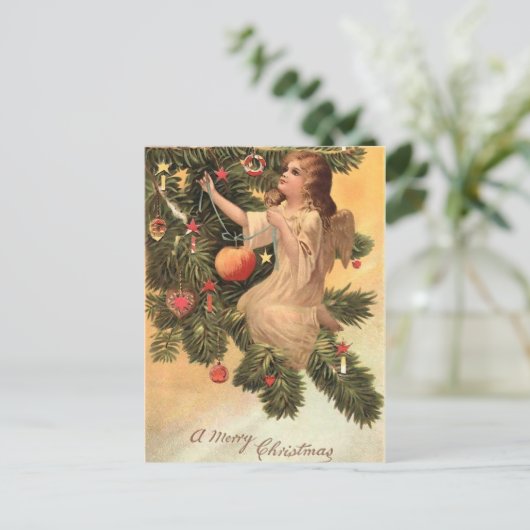 Engel aan de kerstboom feestdagenkaart (Staand voorkant)