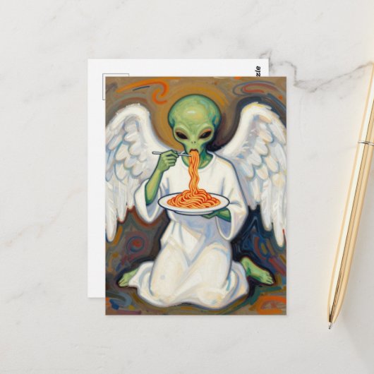 Engel Alien Eet Spaghetti Briefkaart (Voorkant / Achterkant in situ)
