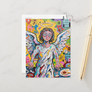 Engel bij het ontbijt in art brutstijl briefkaart