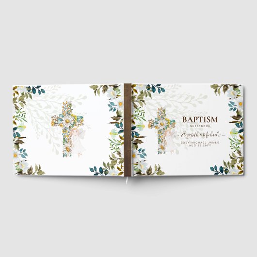 Engel Bloemkruis Groene Bladeren Doop Christening Gastenboek (Volledig)