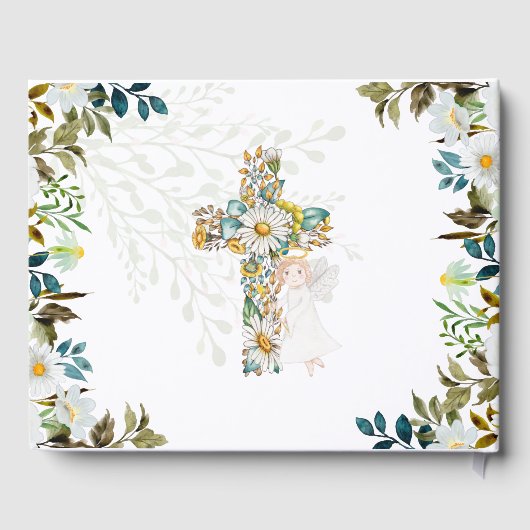 Engel Bloemkruis Groene Bladeren Doop Christening Gastenboek (Achterkant)