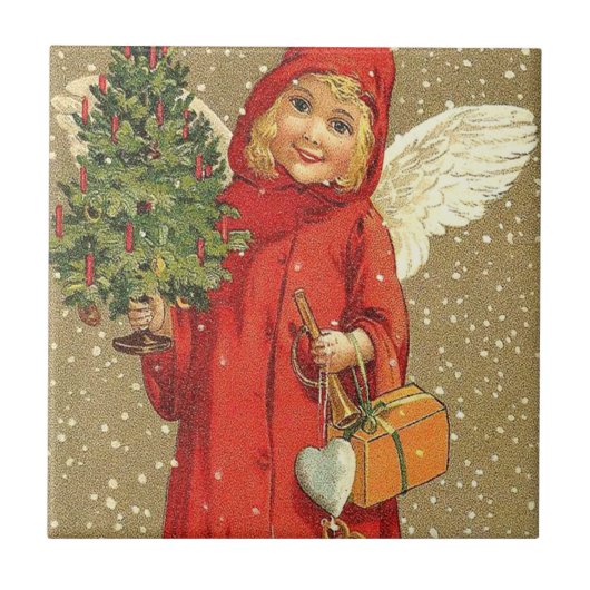 Engel Cherub Kerstboom Sneeuw Tegeltje (Voorkant)