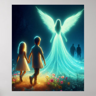 Engel die twee kleine kinderen 's nachts beschermt poster
