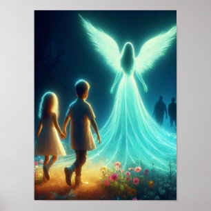 Engel die twee kleine kinderen 's nachts beschermt poster