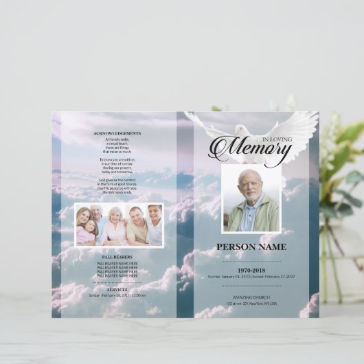 Engel duif rouwkaart template (Staand voorkant)