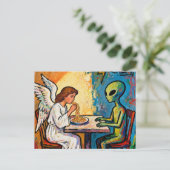 Engel eet spaghetti met een alien briefkaart (Staand voorkant)