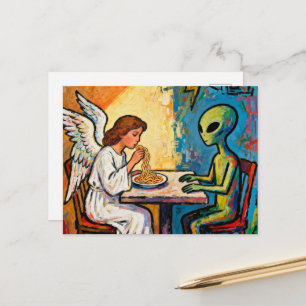 Engel eet spaghetti met een alien briefkaart