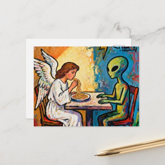 Engel eet spaghetti met een alien briefkaart (Voorkant / Achterkant in situ)