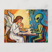 Engel eet spaghetti met een alien briefkaart (Voorkant)