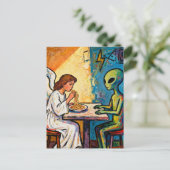 Engel eet spaghetti met een alien briefkaart (Staand voorkant)