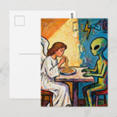 Engel eet spaghetti met een alien briefkaart (Voorkant / Achterkant)