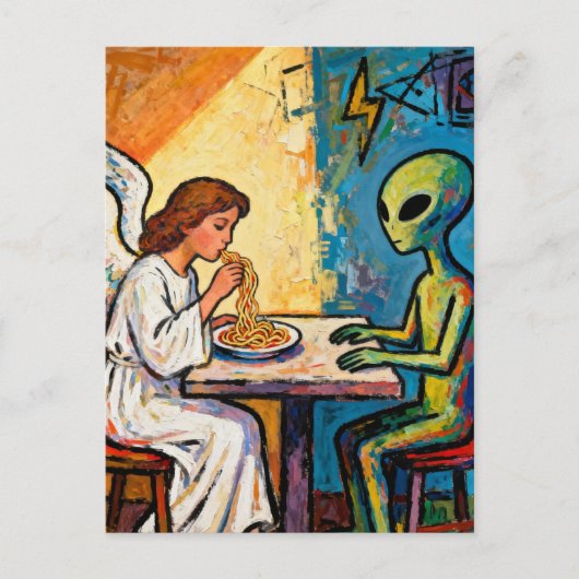 Engel eet spaghetti met een alien briefkaart (Voorkant)