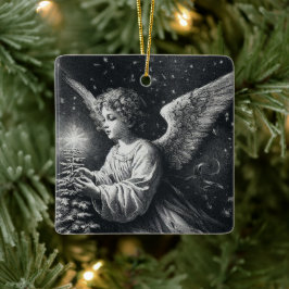 Engel en kerstboom in zwart en wit keramisch ornament