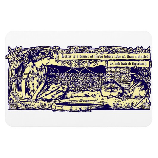 Engel en konijnen in bloementuin met Motto Banner Magneet (Horizontaal)