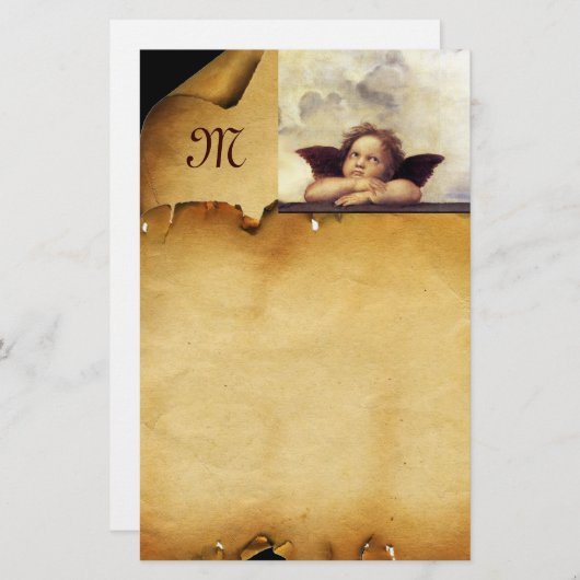 ENGEL / gevleugelde cherub, perkament monogram Briefpapier (Voorkant / Achterkant)