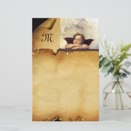 ENGEL / gevleugelde cherub, perkament monogram Briefpapier (Staand voorkant)