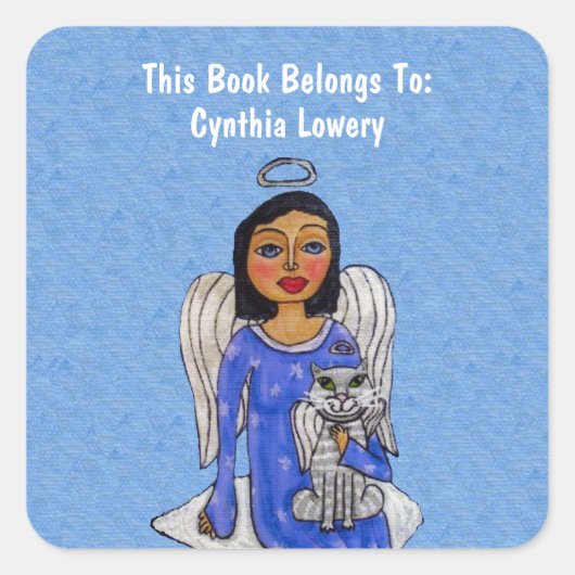 Engel Holding Witte Kat Engel Blauw Jurk Cloud Vierkante Sticker (Voorkant)