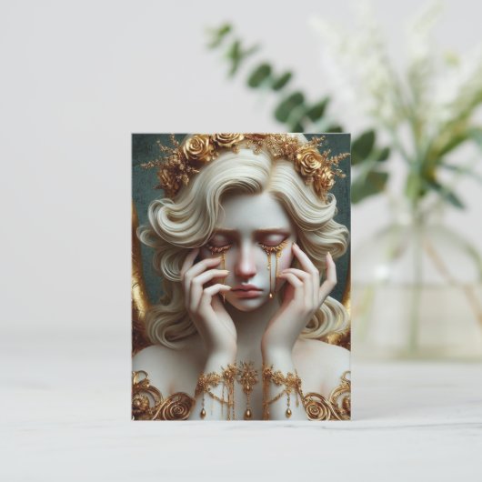 Engel huilt gouden tranen briefkaart (Staand voorkant)