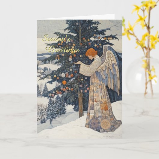 Engel in een besneeuwd kerstlandschap kaart (Gele Bloem)