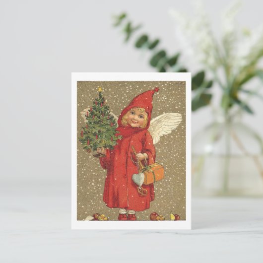 Engel in een rode jas briefkaart (Staand voorkant)
