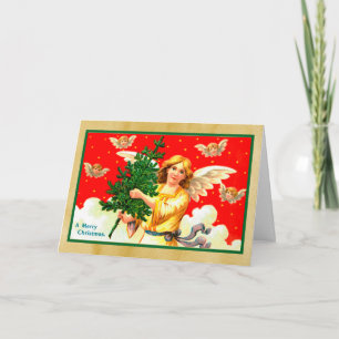 Engel in gele jurk met kerstboom kaart