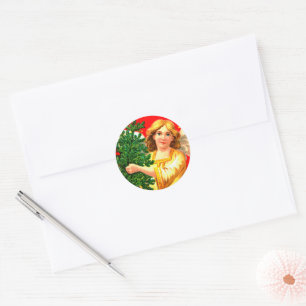 Engel in gele jurk met kerstboom ronde sticker