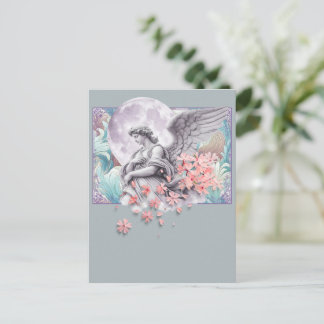 Engel in het maanlicht — Maan & roze bloesems, ged Feestdagenkaart