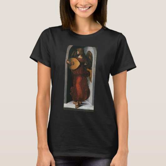 Engel in het rood met een luit van Leonardo da Vin T-shirt (Voorkant)