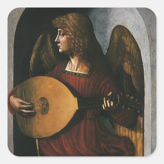 Engel in het rood met een luit van Leonardo da Vin Vierkante Sticker (Voorkant)