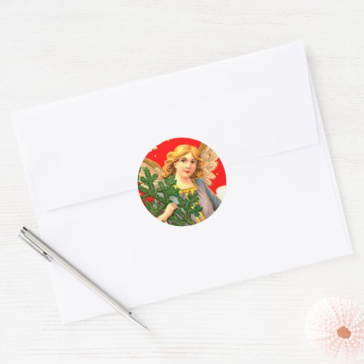 Engel in lavendel met kerstboom ronde sticker (Envelop)