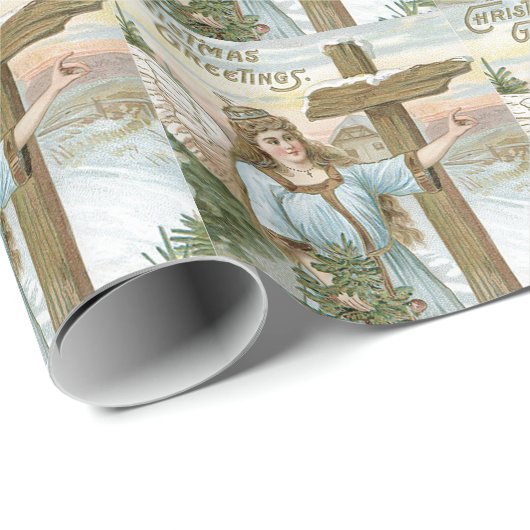 Engel Kerstboom Kruis Winter Cottage Cadeaupapier (Rol Hoek)