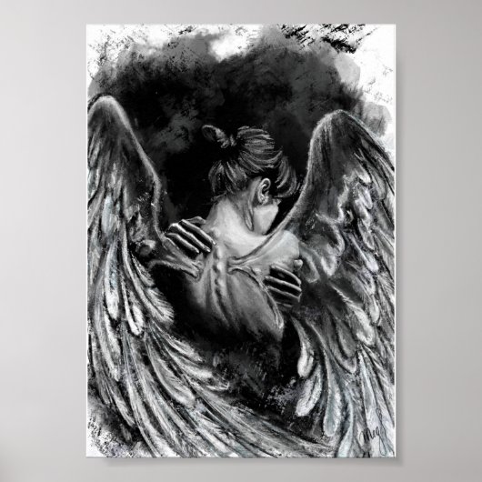 Engel Meisje Poster - Zwart en Wit Schilderij (Voorkant)