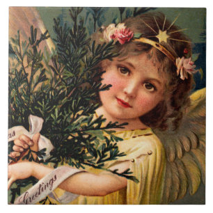 Engel met een Armful of Christmas Green Tegeltje