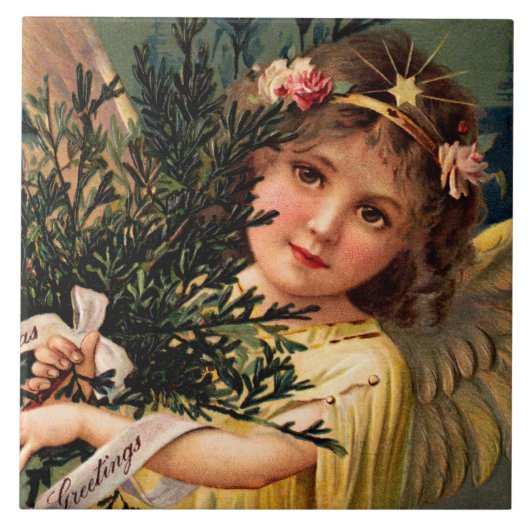 Engel met een Armful of Christmas Green Tegeltje (Voorkant)