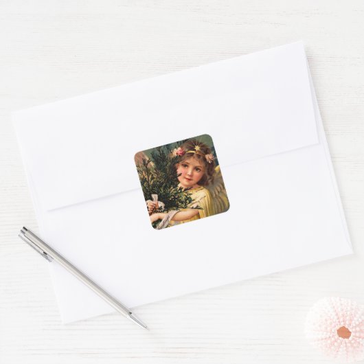 Engel met een Armful of Christmas Green Vierkante Sticker (Envelop)