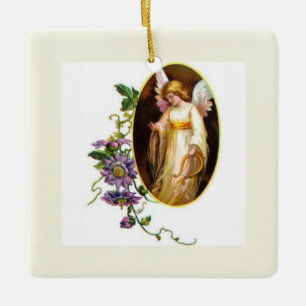 Engel Met Harp En Clematisbloemen Keramisch Ornament