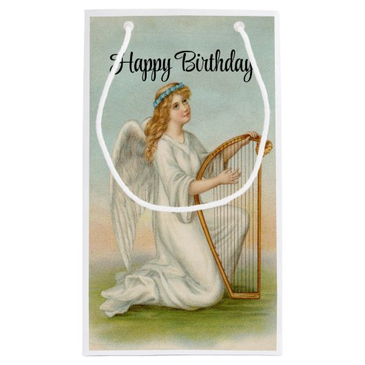 Engel met harp verjaardag geschenk tas klein cadeauzakje (Achterkant)