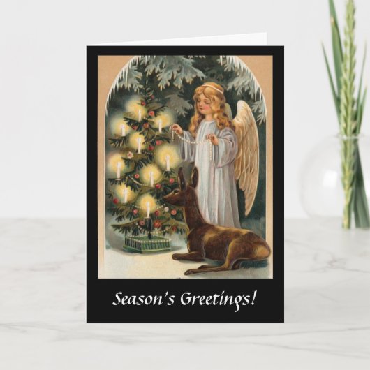 Engel met herten en kerstboomkaarsen feestdagen kaart (Voorkant)