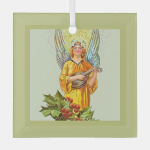 Engel met hulst en mandoline glas ornament