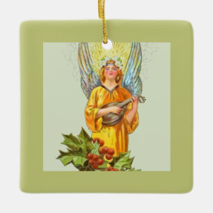 Engel met hulst en mandoline keramisch ornament
