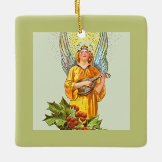Engel met hulst en mandoline keramisch ornament (Voorkant)