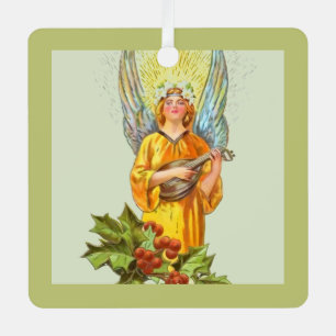Engel met hulst en mandoline metalen ornament