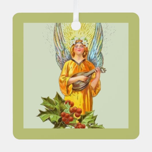 Engel met hulst en mandoline metalen ornament (Voorkant)