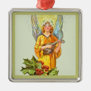 Engel met hulst en mandoline metalen ornament