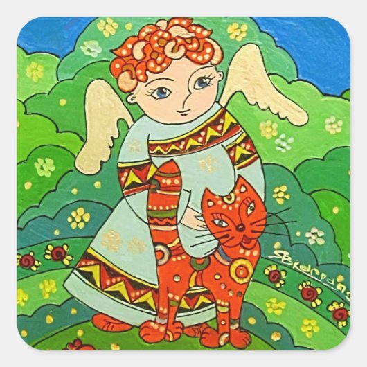 Engel met kat-sticker vierkante sticker (Voorkant)