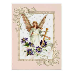 Engel Met Kruis En Clematis Bloemen Poster