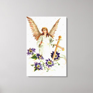 Engel met kruis en clematisbloemen canvas afdruk