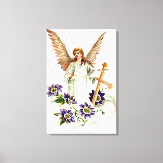Engel met kruis en clematisbloemen canvas afdruk (Voorkant)